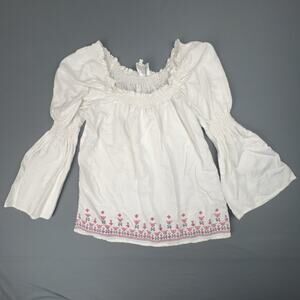 Ivy Jane White Linen Peasant Blouse Embroidered Hem Bell Sleeve Top L